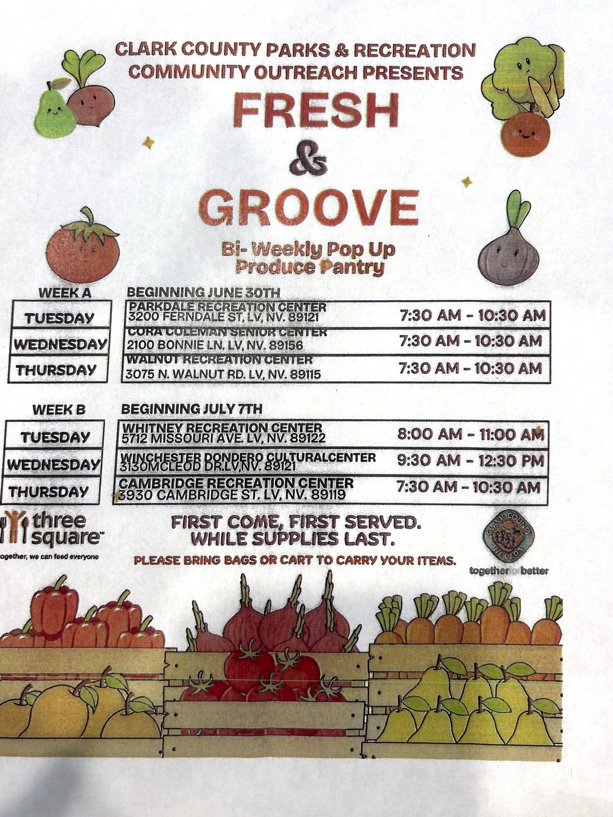 Whitney Recreation Centerで配られていたFresh & Grooveのチラシ。上段がWeek A、下段がWeek Bの巡回先(読みやすさのため背景を除いています)