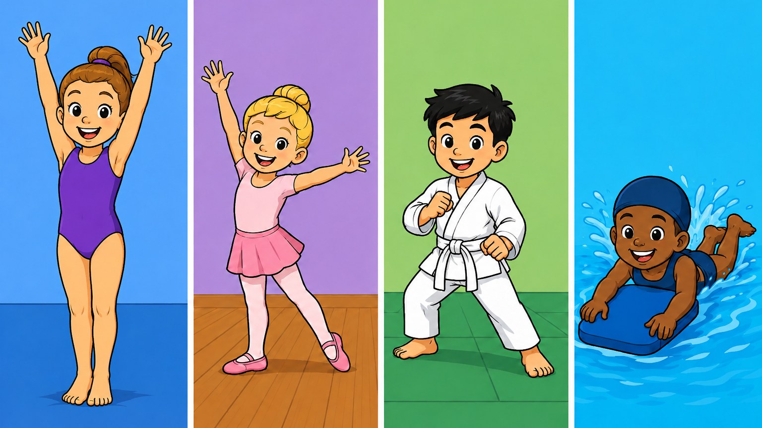 体操・ダンス・武道・水泳に取り組む4人の子どものイラスト