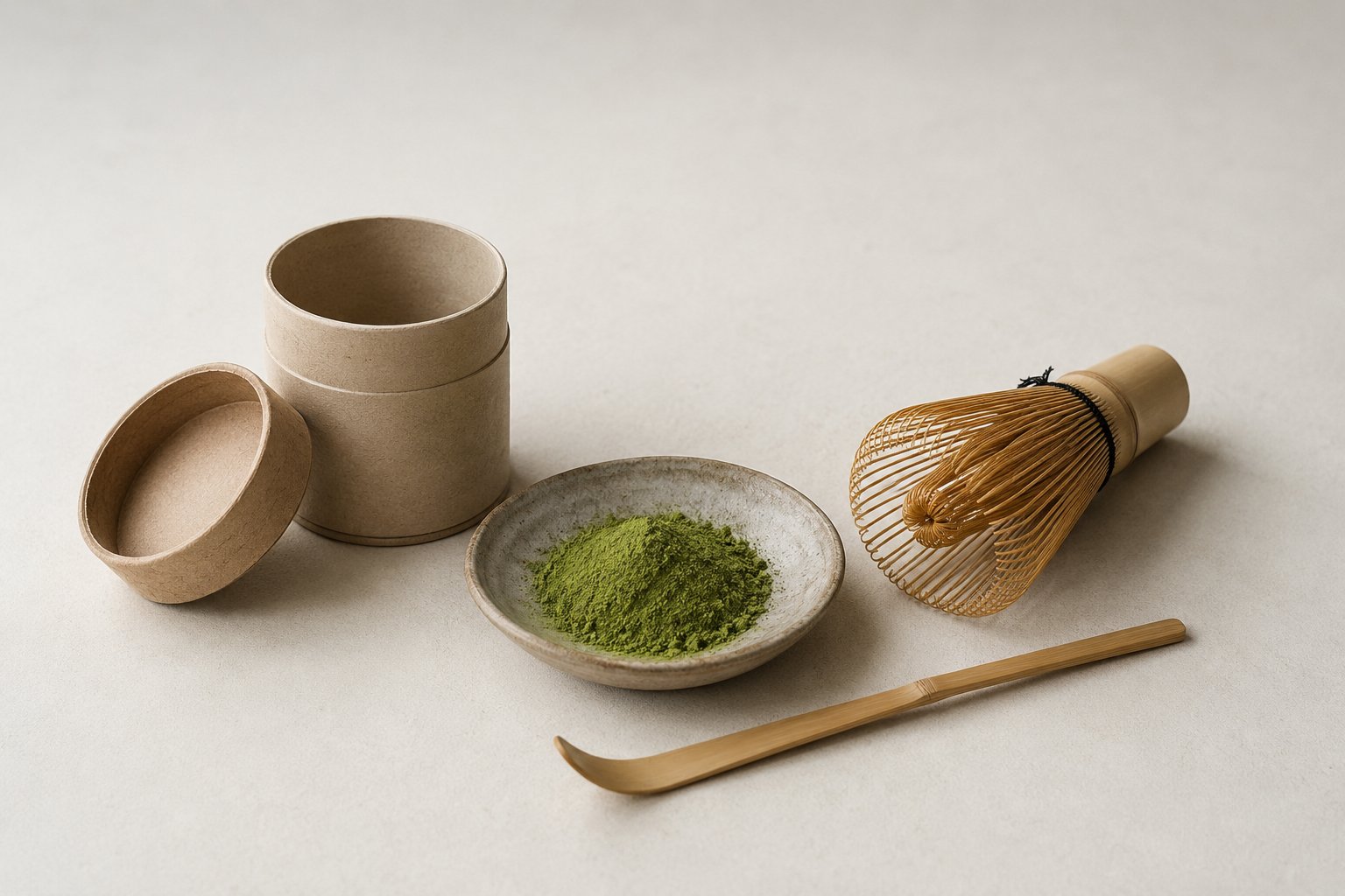 抹茶と茶道具(イメージ)。同じ「抹茶」でも、点てて飲む用とラテ・製菓用は売り場での表記が違う(公的な等級区分ではない)