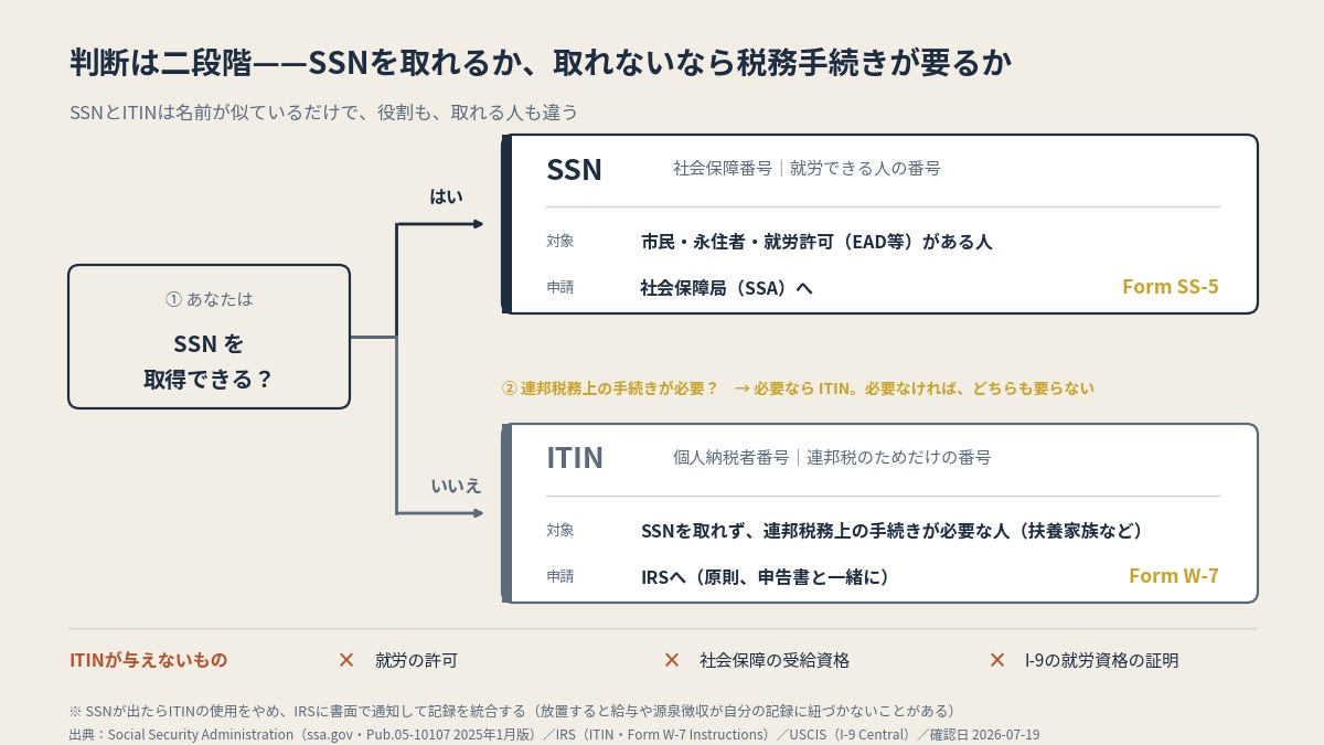 ①SSNを取得できるか ②できない場合、連邦税務上の手続きが必要か。この二段階で決まる(本文より作図)